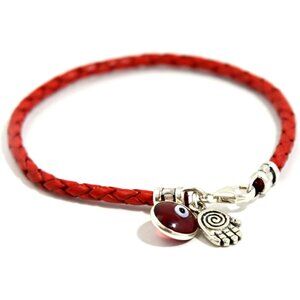 Unisex 7" Red Leather Hamsa Evil Eye Bracelet with Sterling Silver Charm